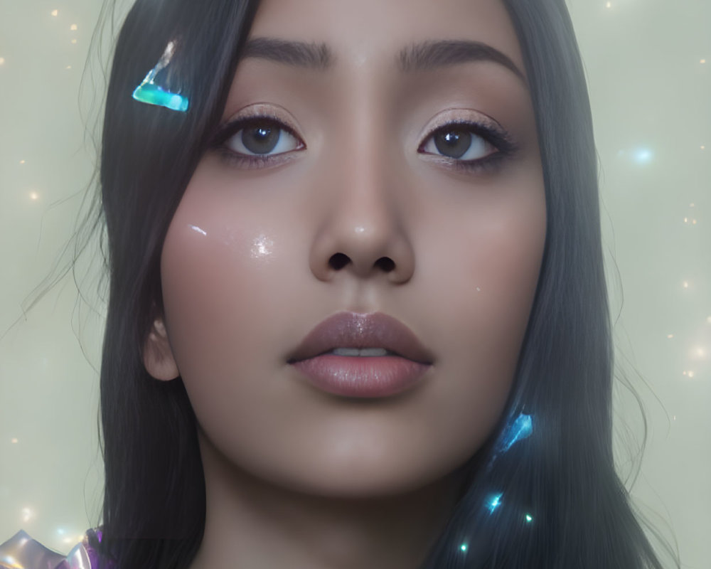 Portrait of Woman with Long Dark Hair and Glowing Skin surrounded by Shimmering Lights