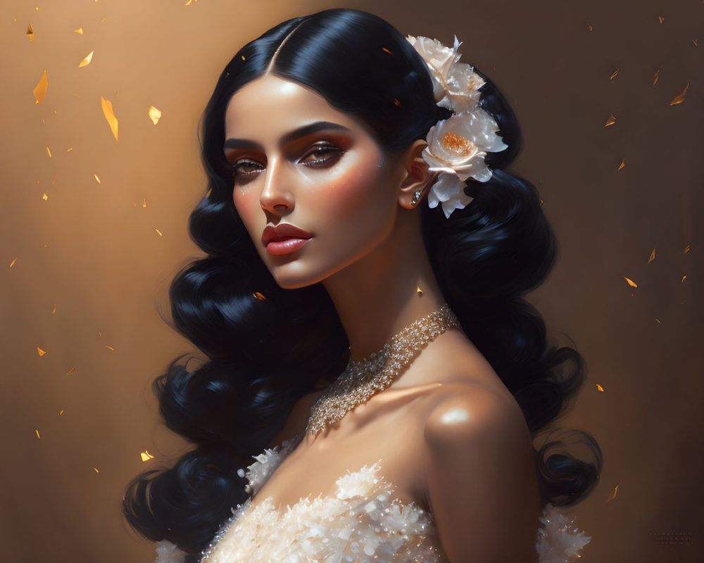 Digital painting of woman with black hair and white flowers in beaded dress against warm background with falling leaves