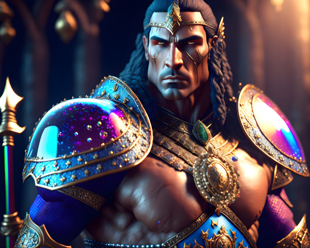 Muscular warrior in blue and gold armor under dramatic lighting