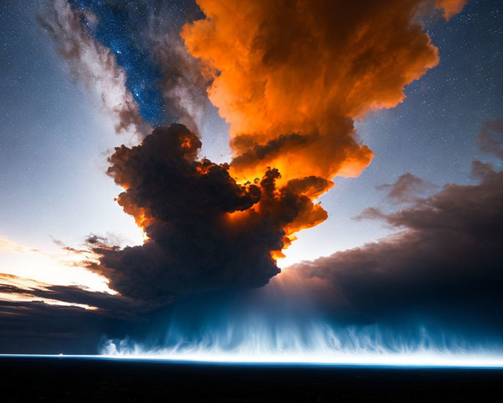 Majestic night sky with illuminated clouds and fiery orange hues