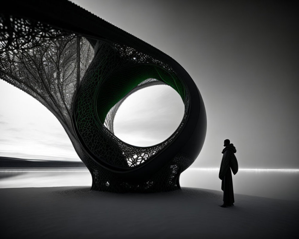 Cloaked figure near loop sculpture on stark horizon