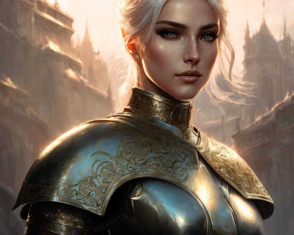 Female warrior with silver hair in ornate armor against fantasy castle at sunset