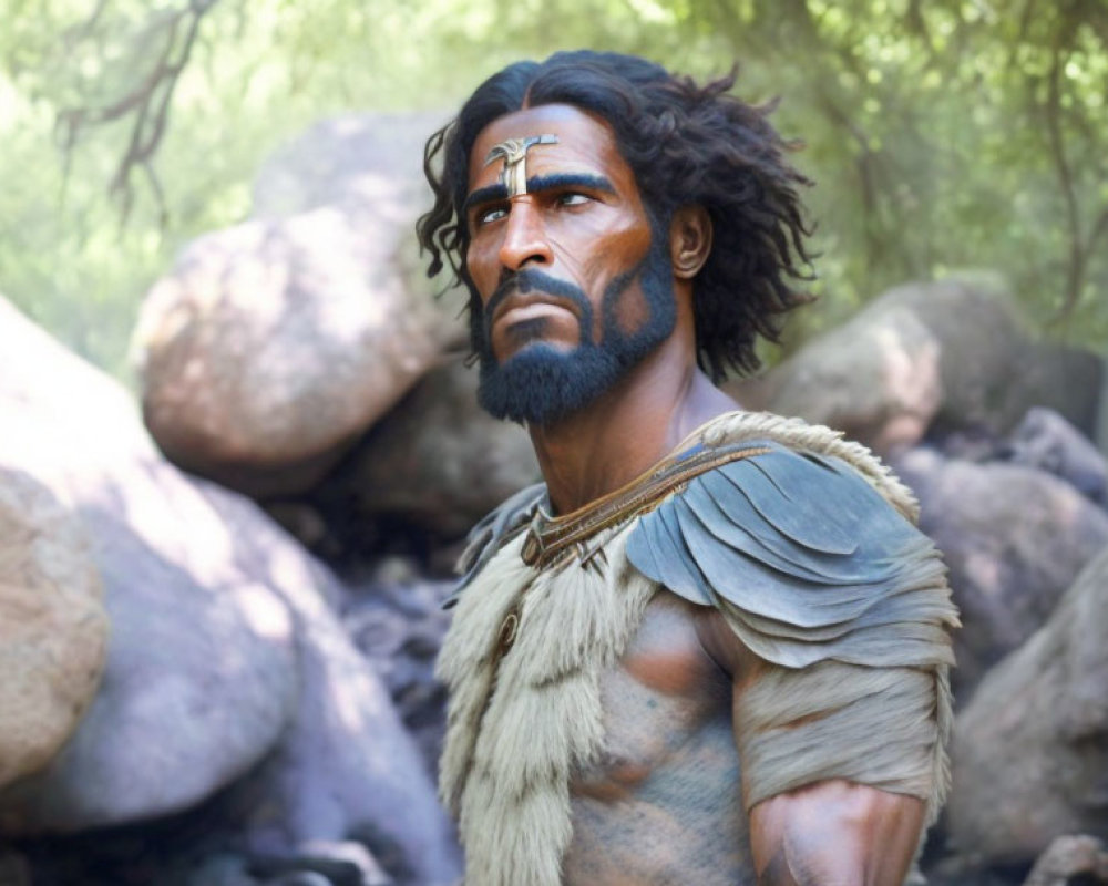 Dark-haired animated character with tribal face paint and leather outfit in rocky setting