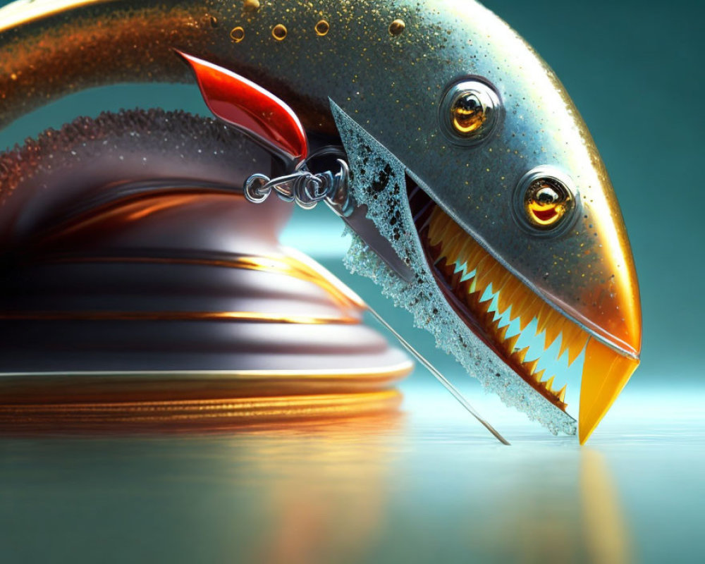 Surreal mechanical fish with sharp teeth and metallic skin.