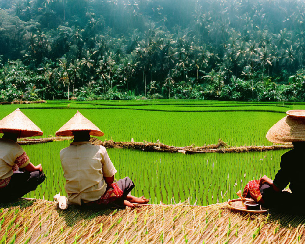Three people in conical hats by vibrant green rice field and palm trees