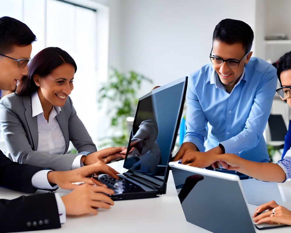 Professionals in collaborative meeting around laptop in bright office.