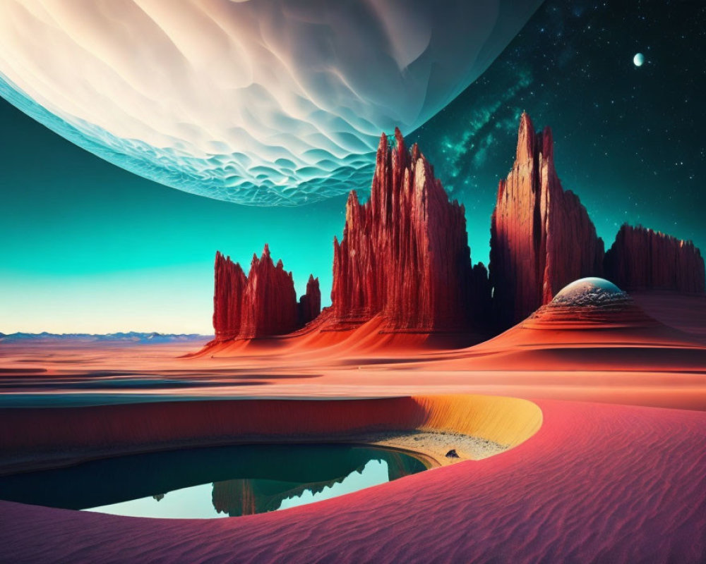 Surreal landscape with red rock formations, sand dunes, water body, and large planet.