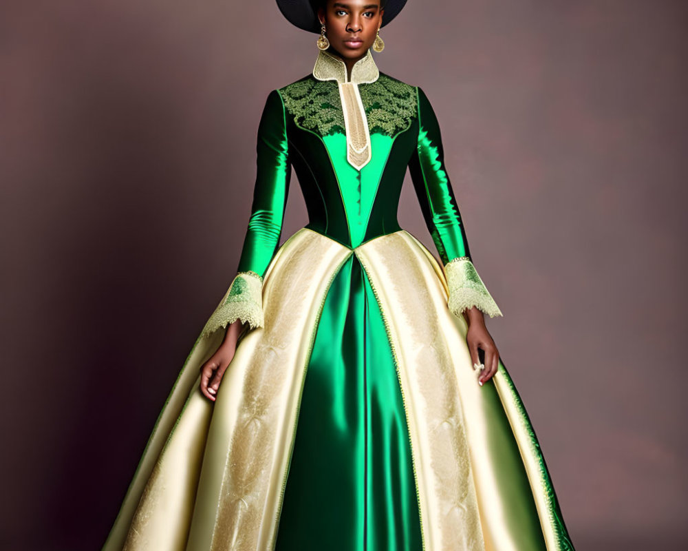 Woman in Green and Gold Gown with Circular Hat on Purple Background