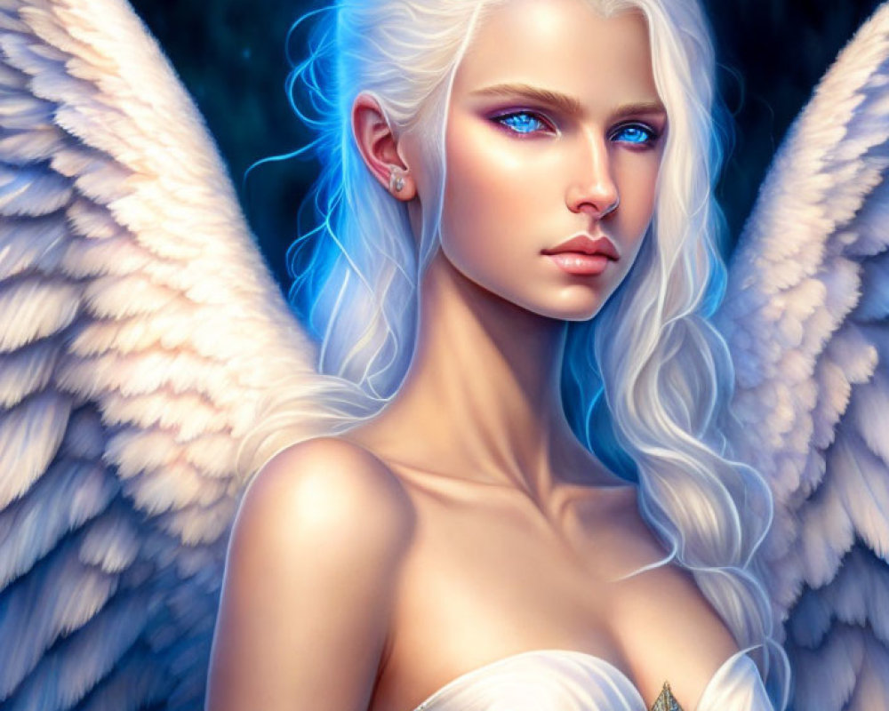 White-Haired Angelic Figure with Blue Eyes and Feathered Wings on Mystical Blue Background