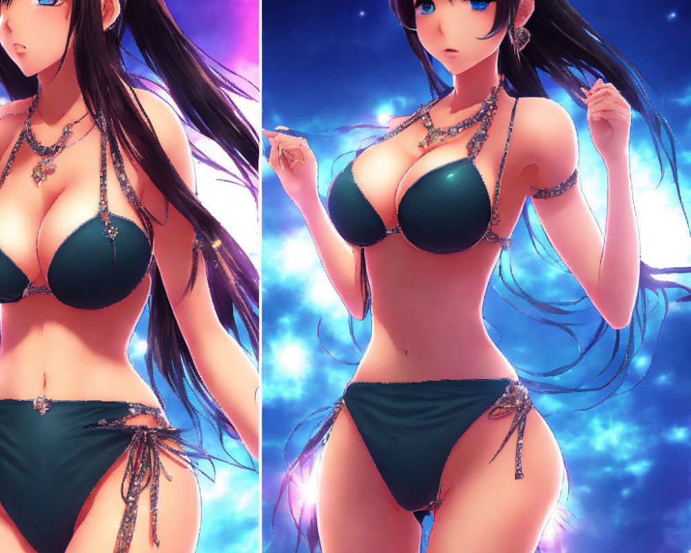 Digital Artwork: Woman in Black Bikini with Dark Hair in Celestial Background