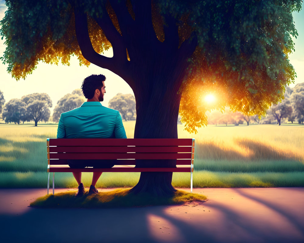 Man Sitting on Park Bench Watching Sunset in Serene Landscape