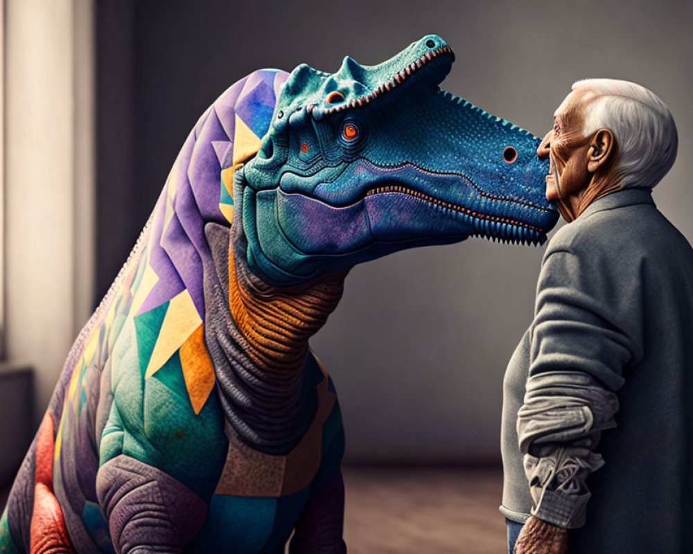 Elderly Man and Colorful Dinosaur in Geometric Pattern Encounter