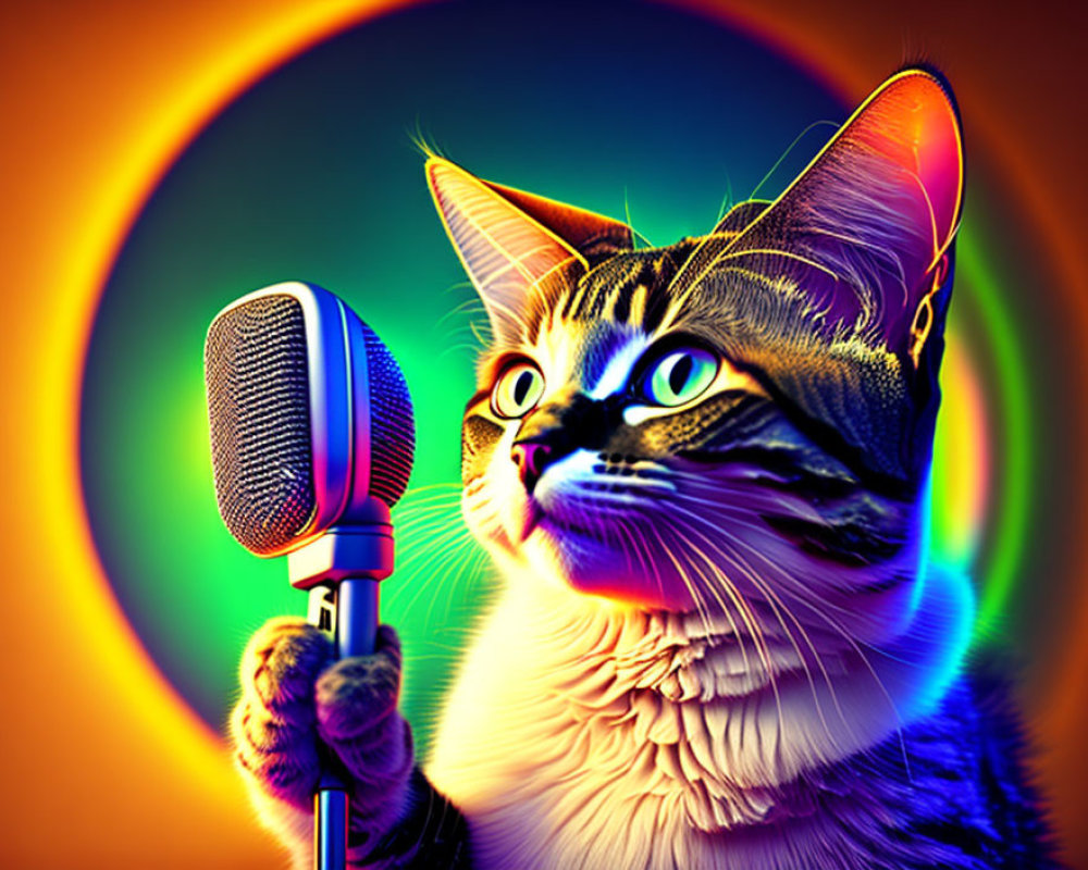 Colorful Cat Holding Microphone in Psychedelic Background