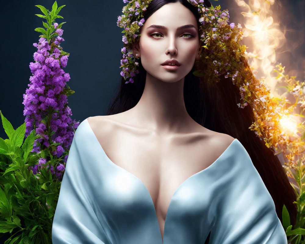 Woman with Floral Wreath in Blue Dress Surrounded by Purple Flowers