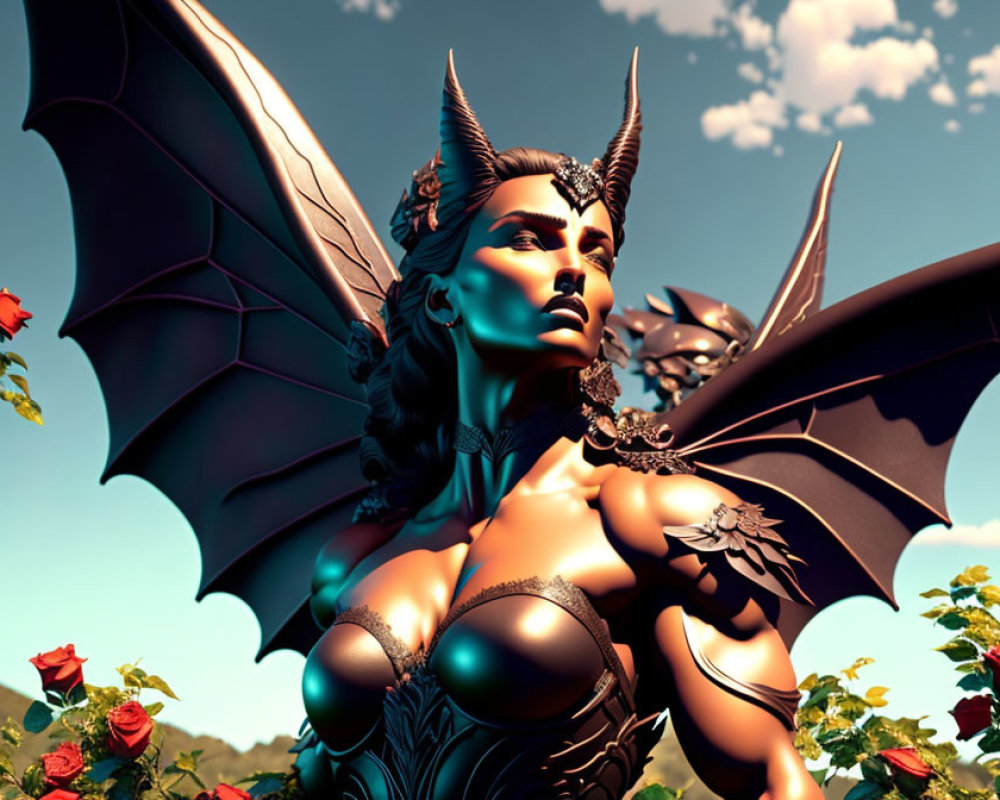 Fantasy female character with horns, wings, armor, and roses in 3D art.