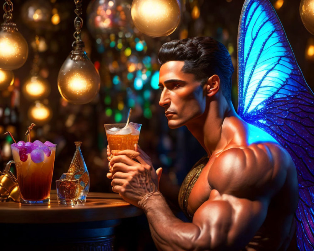 Muscular fantasy figure with iridescent blue wings at a vibrant bar scene