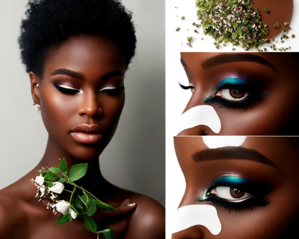 Collage of woman with blue eyeshadow, winged liner, flowers, and herbs