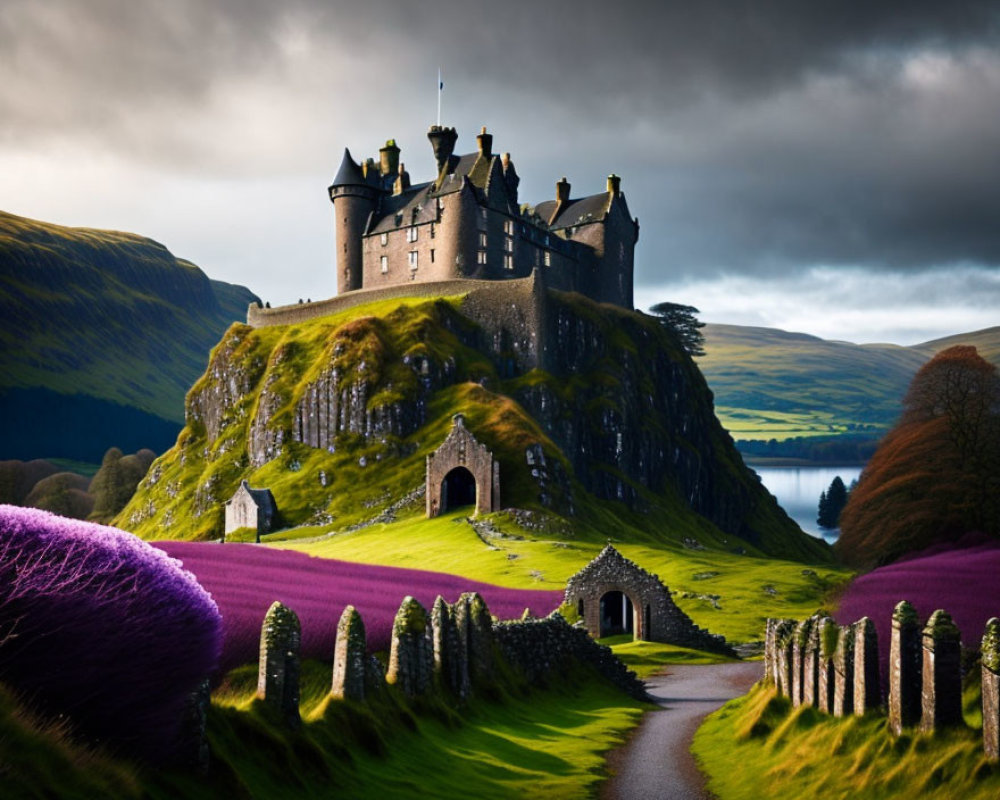 Medieval castle on green hill with purple flora under cloudy sky