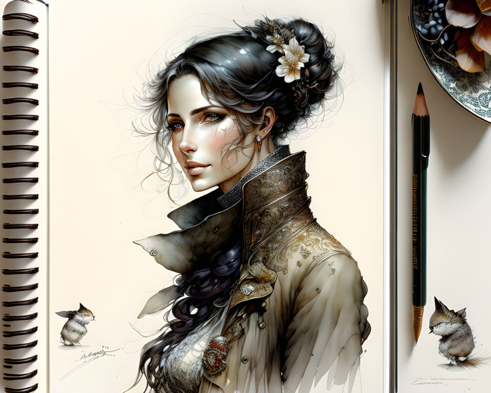 Detailed Victorian collar on woman with dark hair and flowers, surrounded by sketches and pencils