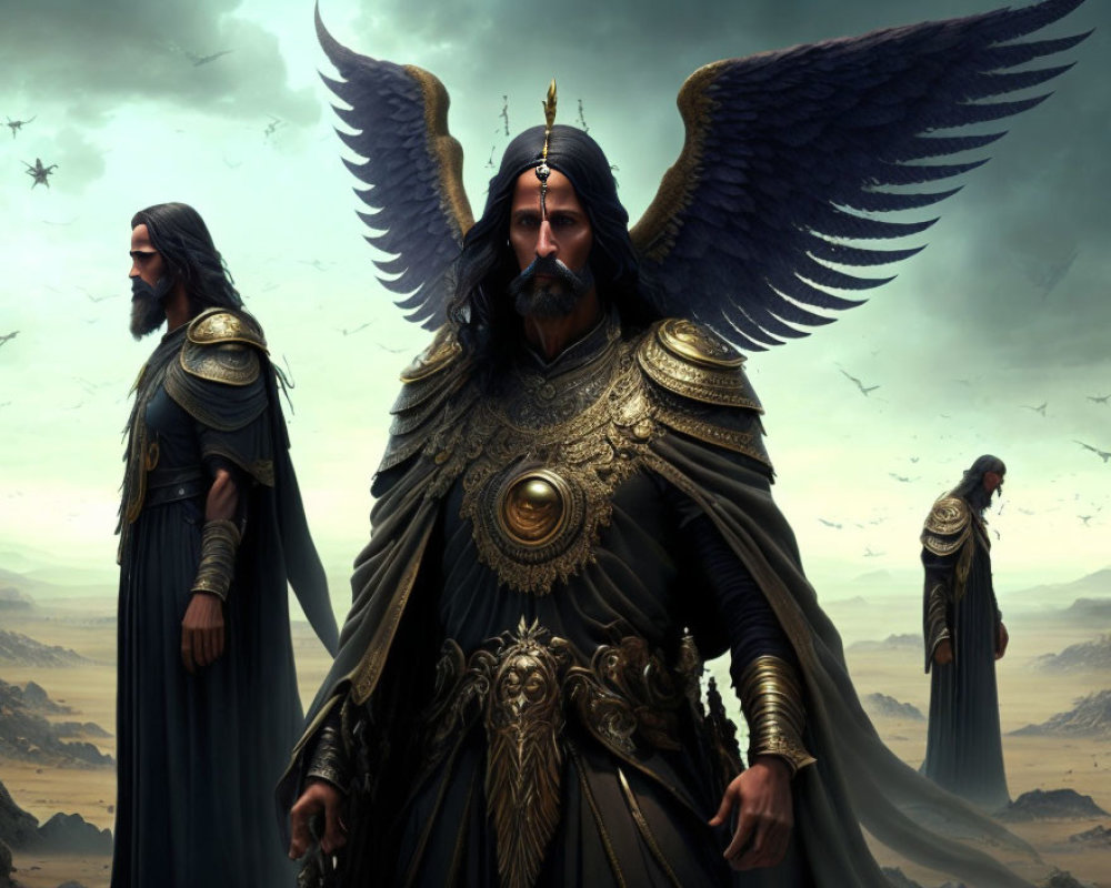 Three winged regal figures in desert setting, one in detailed armor and cloak.