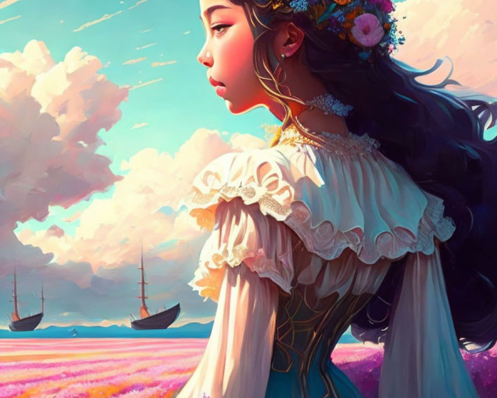 Woman in floral crown gazes over purple flower field and sailing ships