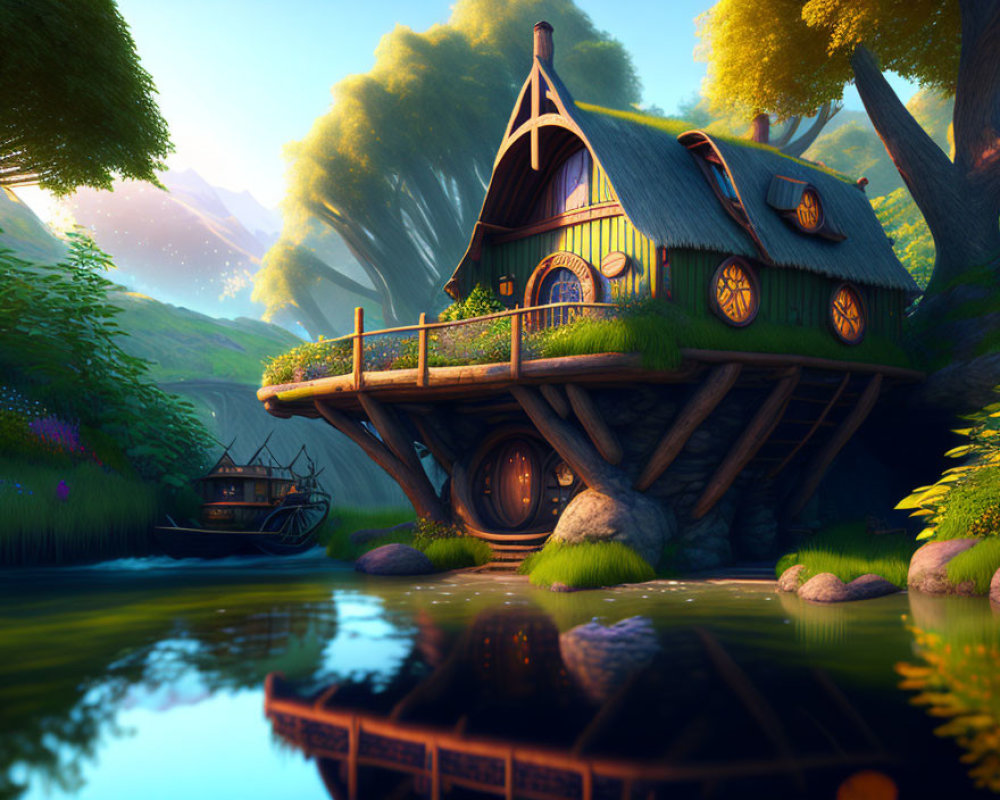Quaint cottage on stilts beside serene river surrounded by lush greenery
