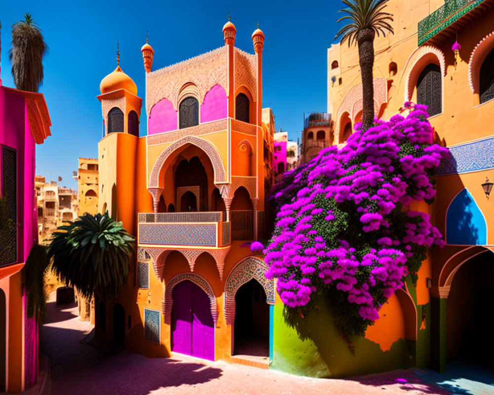 Colorful Middle Eastern Town with Ornate Architecture & Bougainvillea