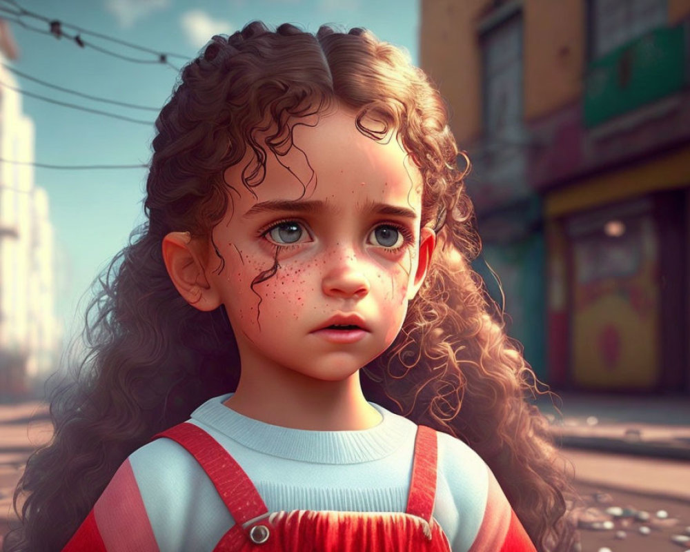 Young girl with curly hair and freckles in red dress, digitally-rendered in urban setting