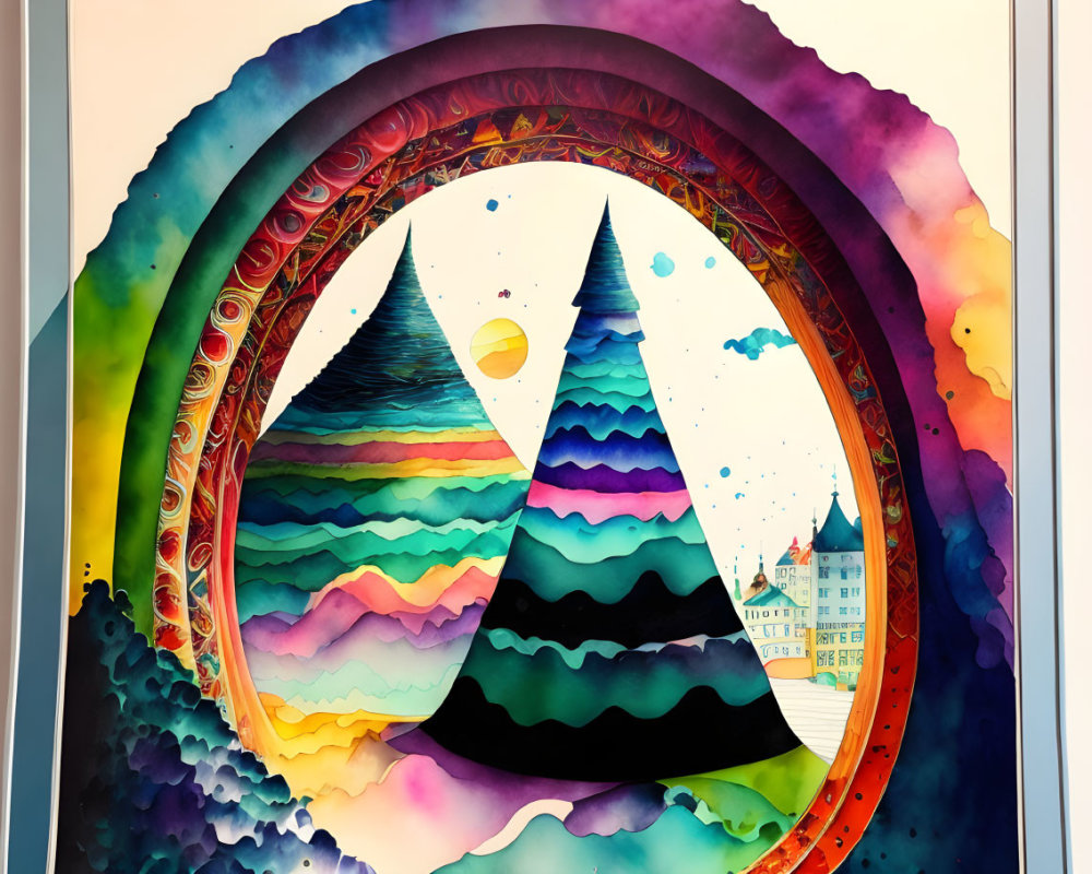 Vibrant psychedelic artwork: colorful waves, mountains, sun & patterns