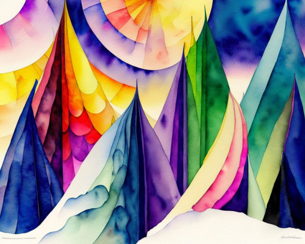 Colorful Watercolor Painting of Stylized Mountain Peaks