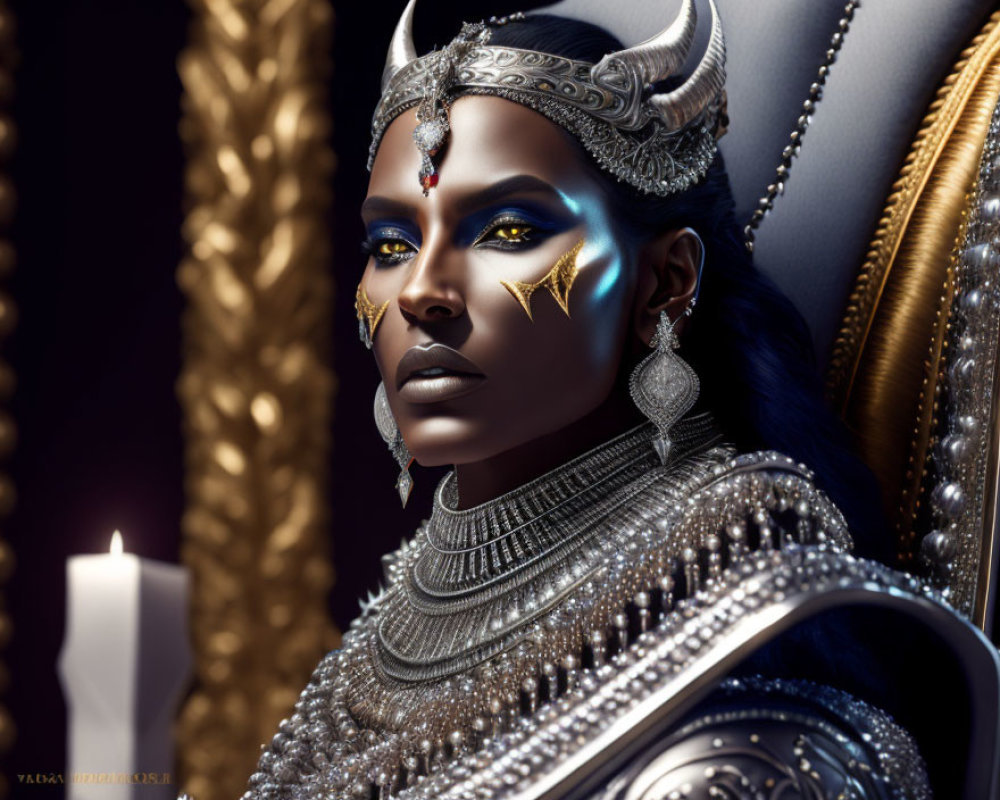 Regal figure with dark blue skin on ornate throne with candle