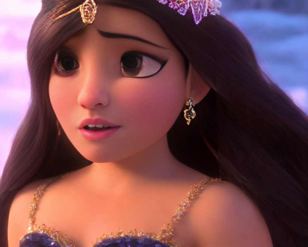 Detailed close-up of animated young woman in purple dress with gold headband