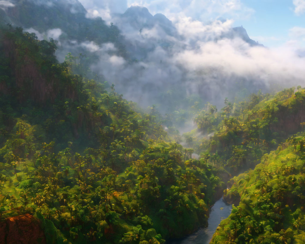 Lush forest valley with river, mist, mountains, and sunny sky