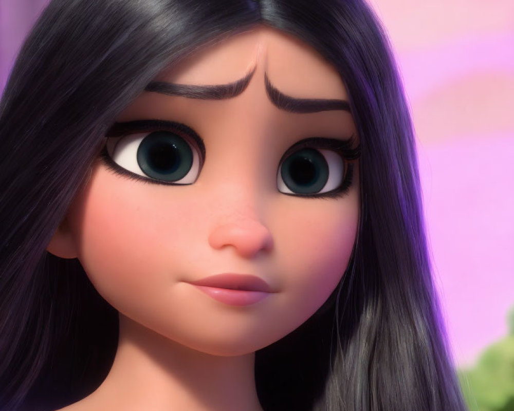 Animated female character with large green eyes and long dark hair on pink background