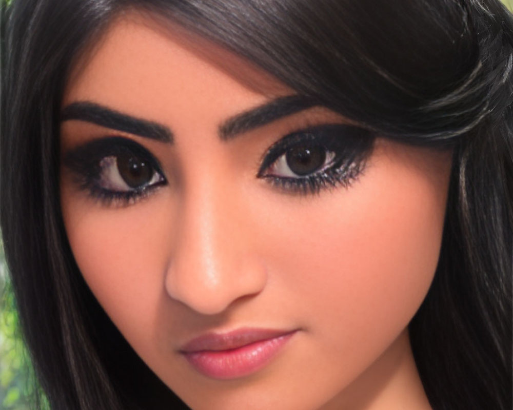 Dark-haired woman with bold eyeliner and mascara on blurry green backdrop