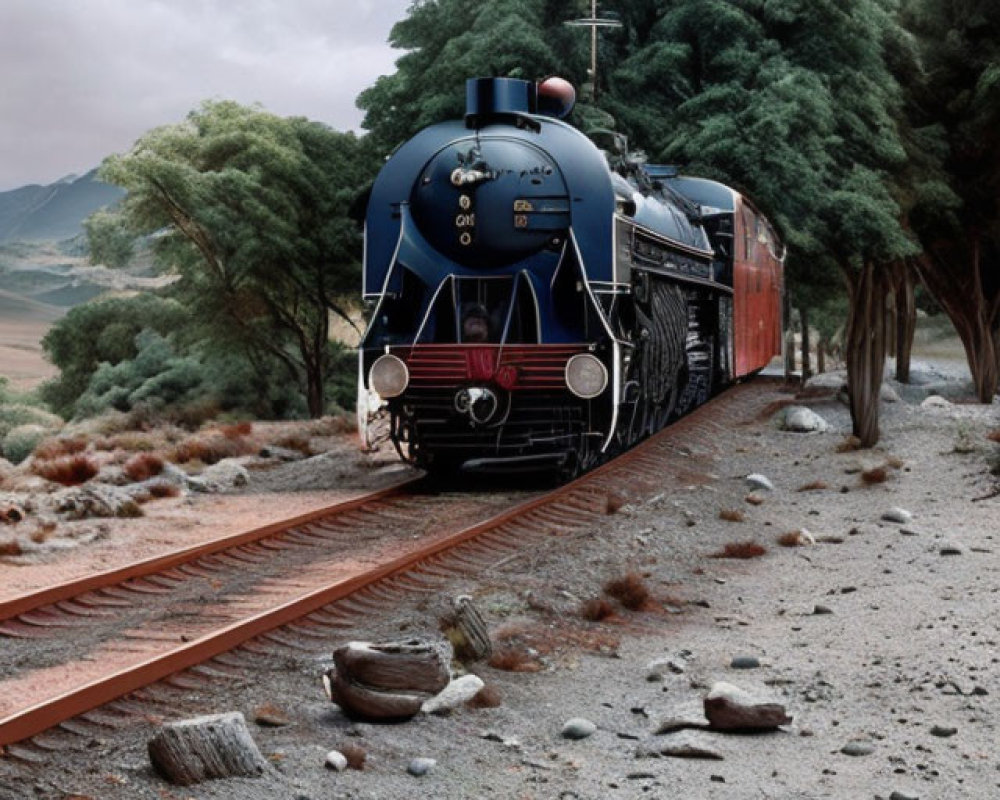 Blue vintage steam locomotive on tracks in barren landscape