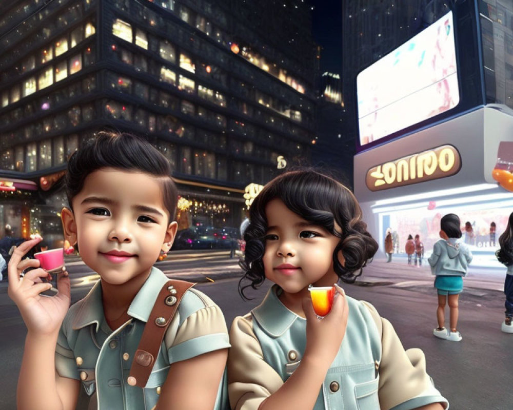 Children posing with apples in city night scene