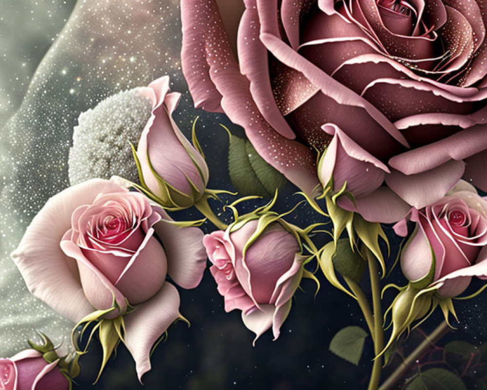 Pink roses bouquet on dark, starry background: dreamy and ethereal.