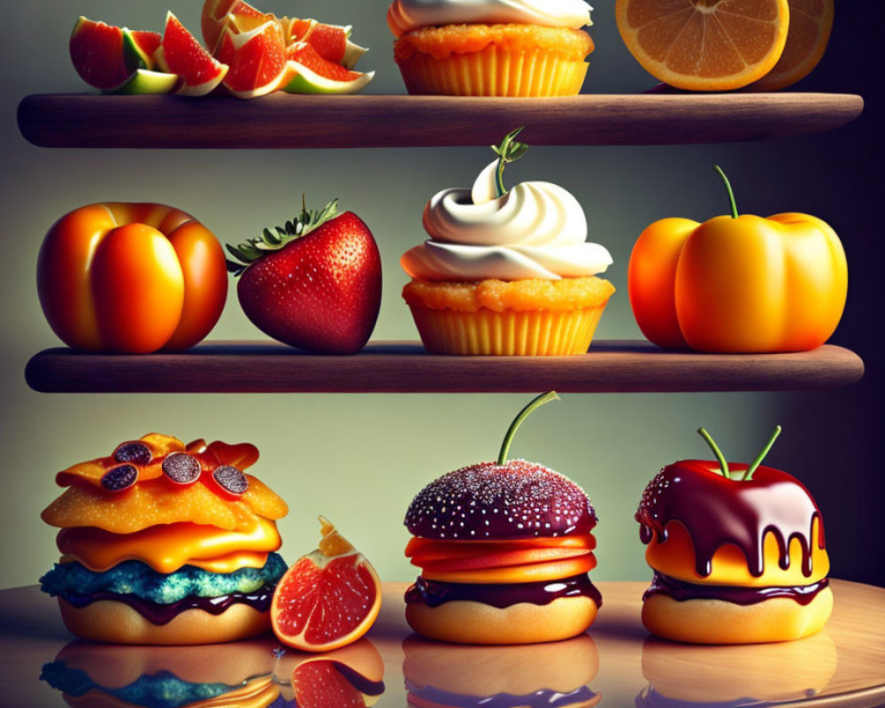 Whimsical dessert burgers with fruit decorations