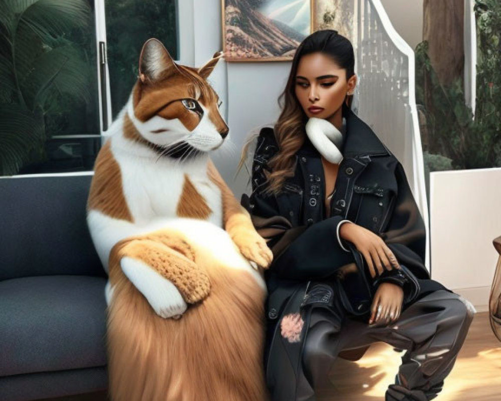Woman in black attire with giant cat in modern room