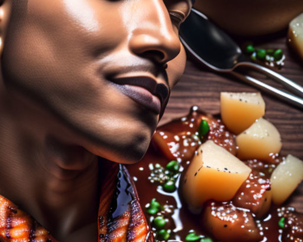 Man's face blending into plate of food with octopus, sauce, peas, and garlic