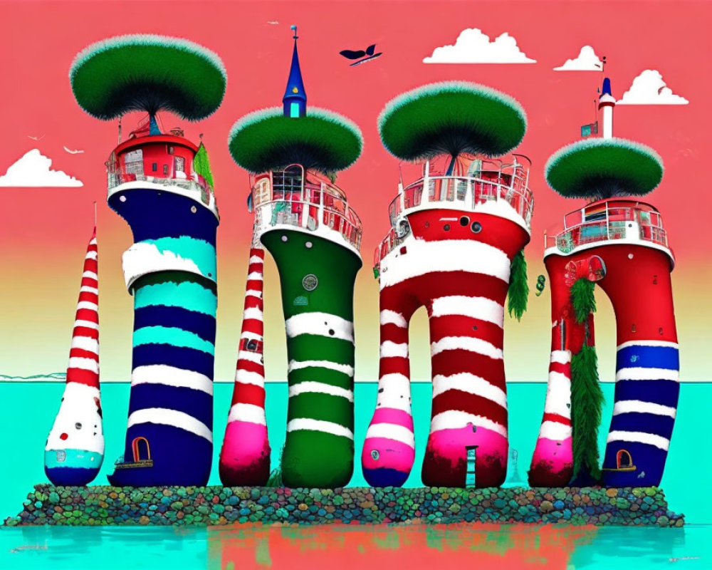 Cartoon lighthouses with faces in serene seascape under pink sky