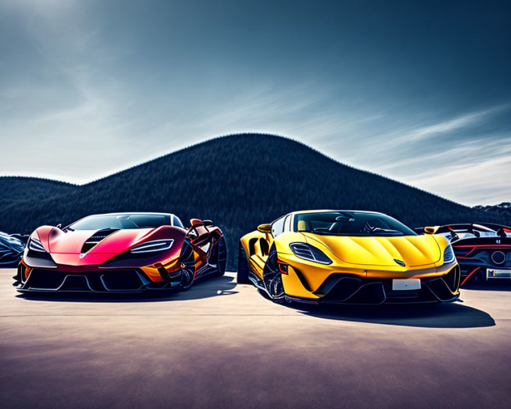 Two Vibrant Supercars with Striking Designs Parked Side-by-Side
