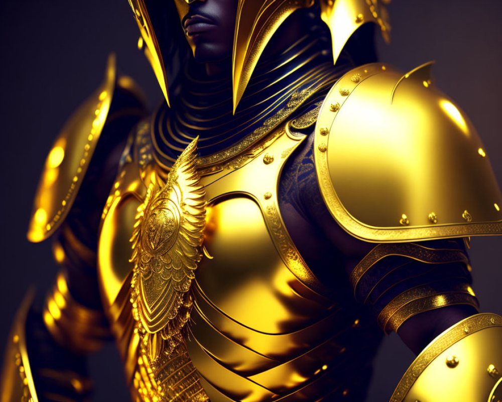 Person in ornate golden armor with intricate detailing on dark background