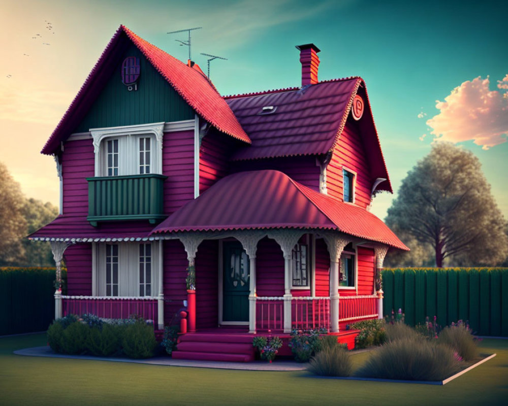Vibrant two-story house with red roof, pink walls, and violet trim in twilight landscape.