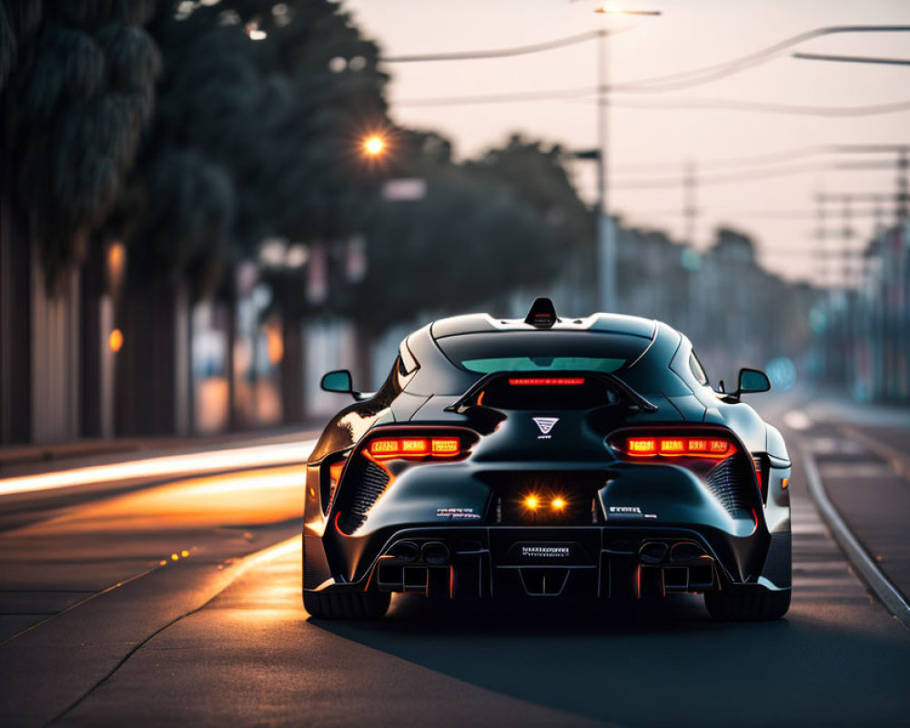 Black sports car driving on empty road at twilight with glowing red taillights