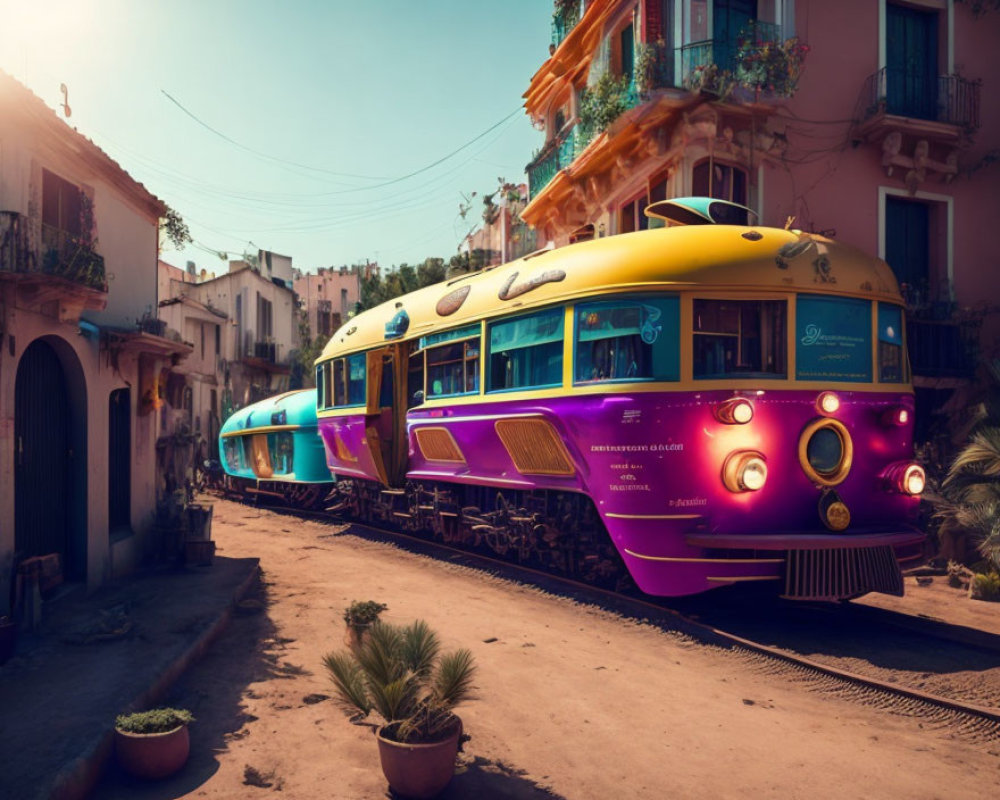 Colorful Street Scene with Futuristic Tram and Traditional Buildings