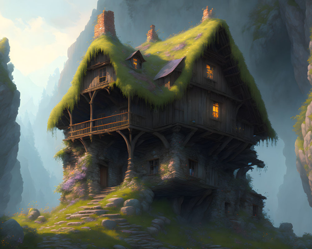 Thatched Roof Three-Story Cottage on Cliff with Mossy Overgrowth
