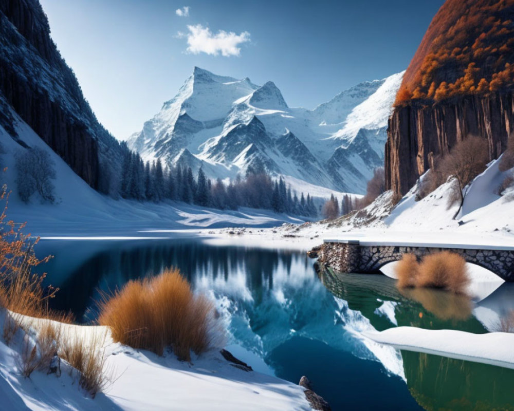 Snow-covered mountain backdrop, calm lake, stone bridge, orange foliage, blue sky