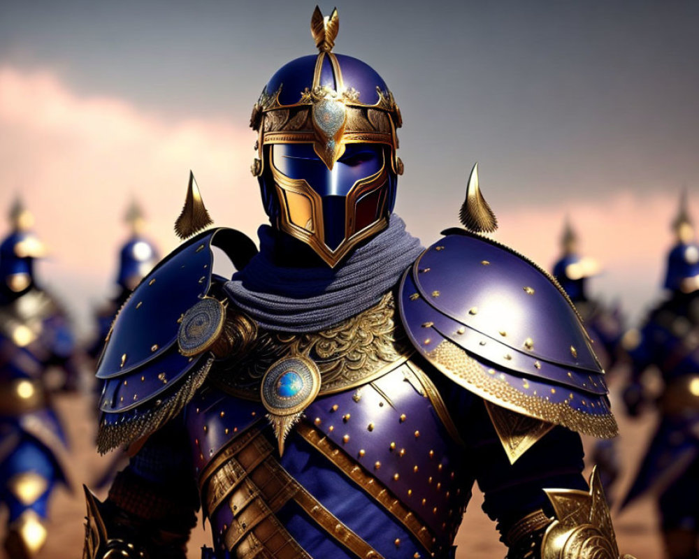 Armored knight with plumed helmet in front of blurred figures under dusky sky
